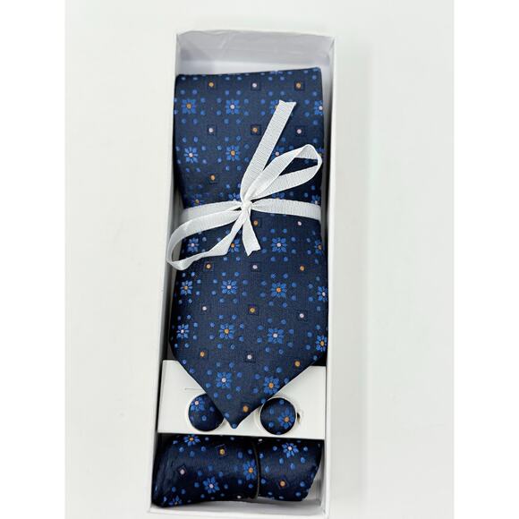 Momento New Style Tie Cufflinks and Hankerchief Blue Floral - Picture 1 of 9